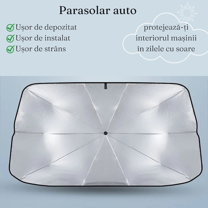 Parasolar auto tip umbrela, pliabil, protectie UV, acoperire extinsa, dimensiuni 130x75 cm, termoizolant, negru/argintiu