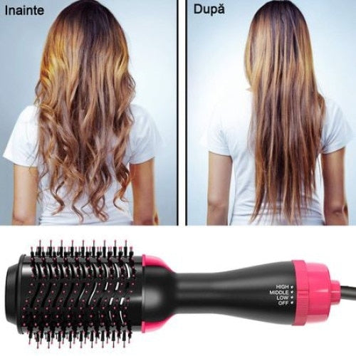 Perie electrica pentru indreptarea parului, One Step 3 in 1, invelis ceramic, incalzire rapida, tehnologie ionica, 1000W .Negru /Roz