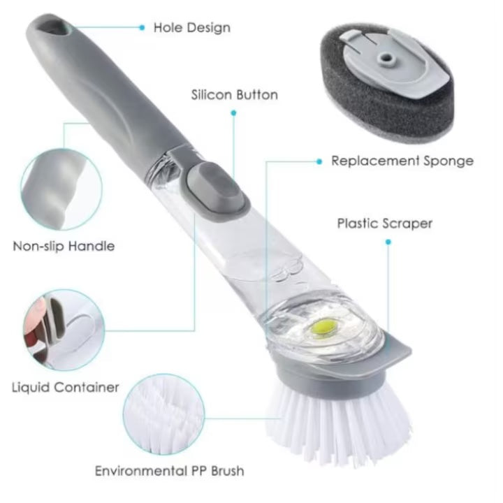 Perie multifunctionala pentru spalat vase, maner lung cu rezervor pentru detergent, cu 2 capete de rezerva, 1 perie si 1 burete, 24 cm, gri