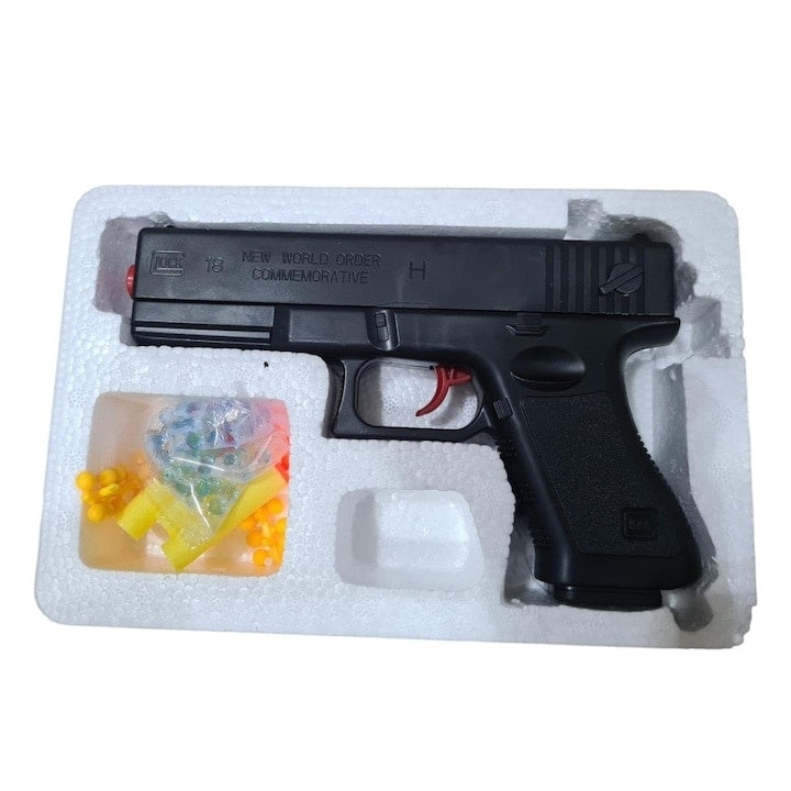 Pistol de jucarie, cu arc, din plastic, ncarcare manuala, 18 cm, 3 gloante moi din spuma cu ventuza, bile de gel si bile flexibile de silicon, negru