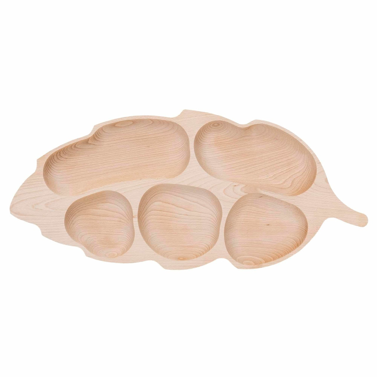 Platou servire din lemn fag in forma frunza, 5 compartimente, 71x32 cm