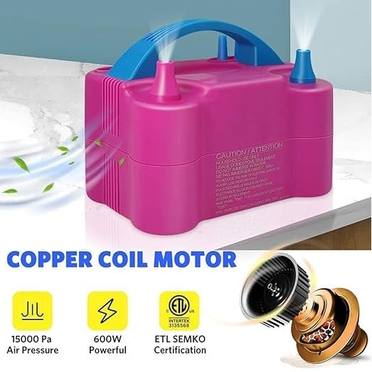 Pompa compresor pentru umflat baloane, putere 600 W, dimensiuni 20 x 15 x 12 cm, volumul de aer 750 L / min, electric, roz