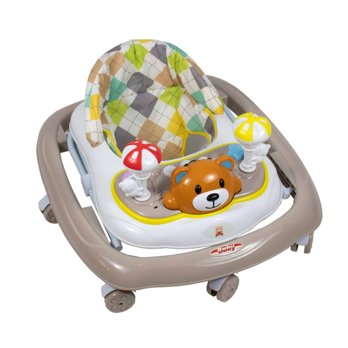 Premergator 6 luni cu scaun reglabil si 7 roti rotative 360°, alb multicolor