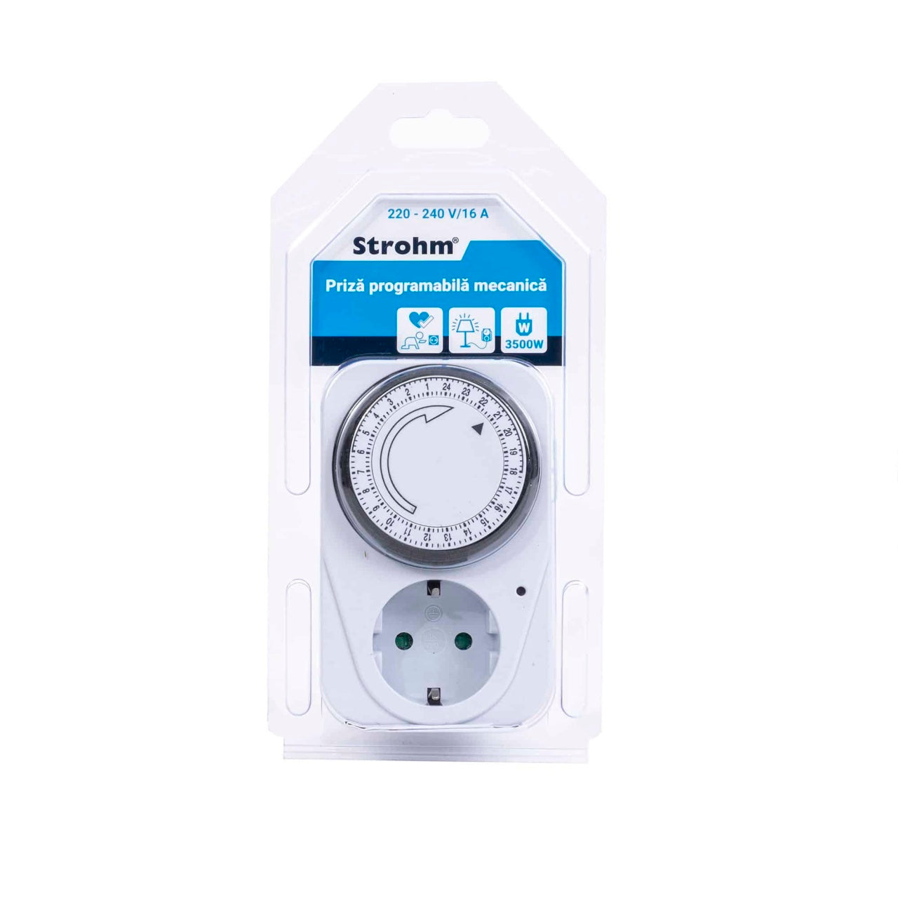 Priza programabila mecanic 3500W, 24h, 16A, interval 15 minute, culoare alba