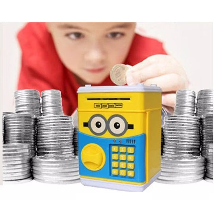 Pusculita interactiva pentru copii, cu functie ATM, cu cod pin, functionare cu baterii, galben/albastru