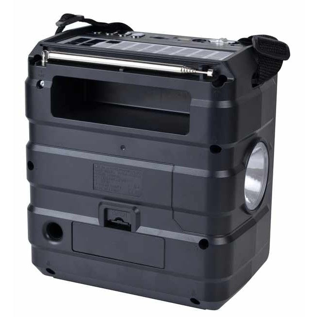 Radio portabil, cu lanterna, incarcare solara si baterii, fara fir, cu jocuri de lumini, putere 5W, conectivitate AUX, USB, AM/FM/SW cu 3 benzi, panou solar, negru