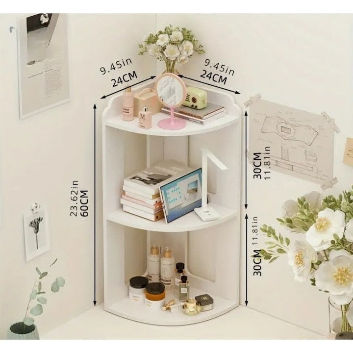 Raft de colt, multifunctional, pentru birou, baie, cu 2 etajere, dimensiuni 60x24x24cm, din MDF, alb