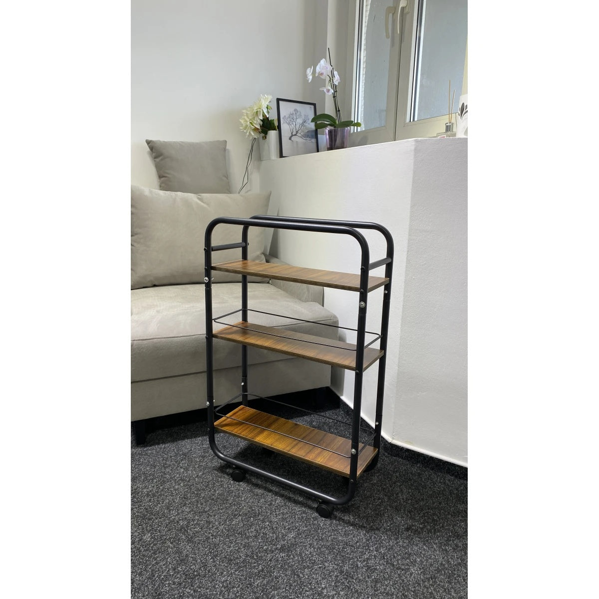 Raft slim cu 3 polite MDF si structura metalica, rotativ la 360°, dimensiuni 50 x 20 x 81 cm, negru/ maro