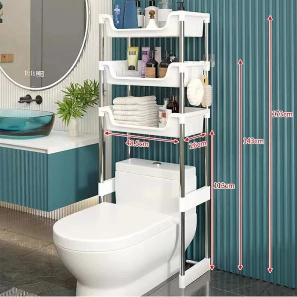Raft tip organizator pentru baie, deasupra vasului de toaleta, cu 3 polite, dimensiuni 173 x 48.5 x 26 cm, din metal si plastic, extensibil, alb