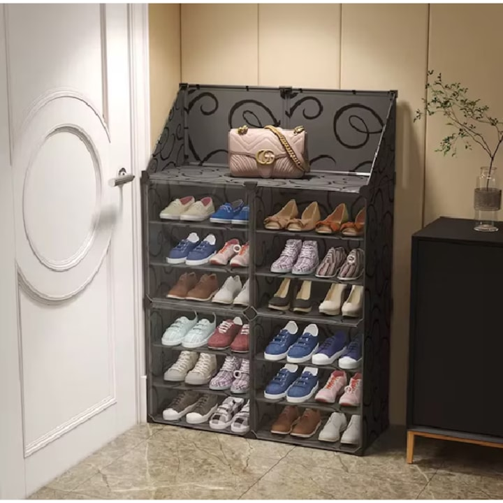 Dulap modular pentru pantofi cu usi transparente, impermeabil, organizator spatios, design modern si economisire spatiu, negru