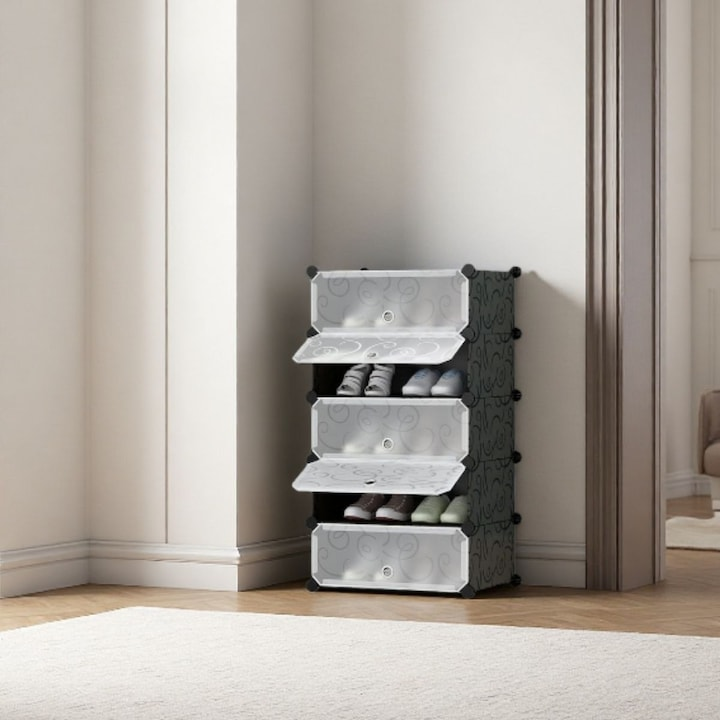 Pantofar modular, cu 5 usi, din plastic, dimensiuni 37x47x90cm, din plastic dur, negru