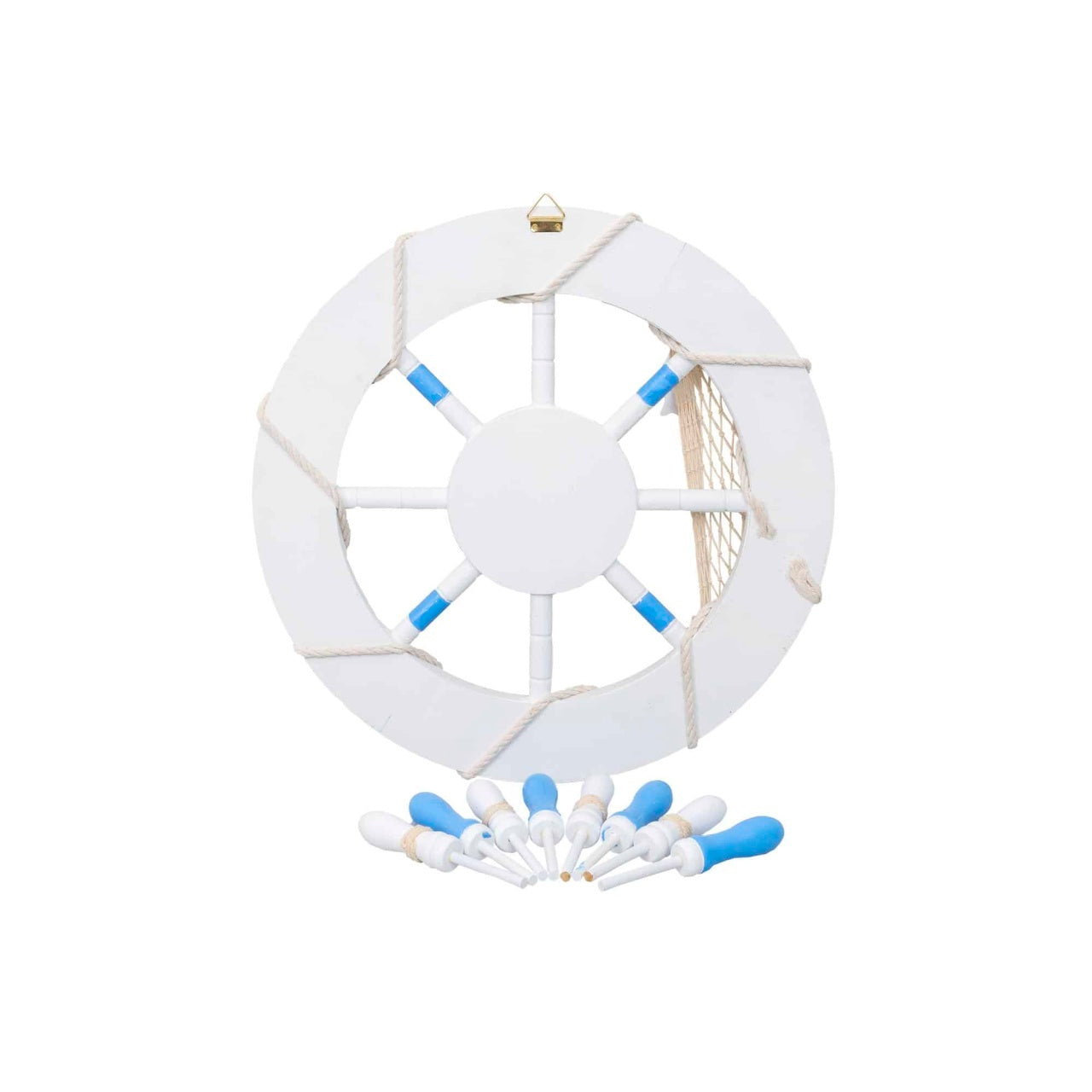 Roata decorativa din MDF, diametru 44.5 cm, model carma marina alb-bleu
