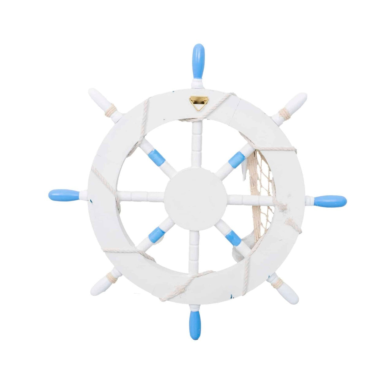Roata decorativa MDF, diametru 32cm, model carma marina cu plasa alb-bleu