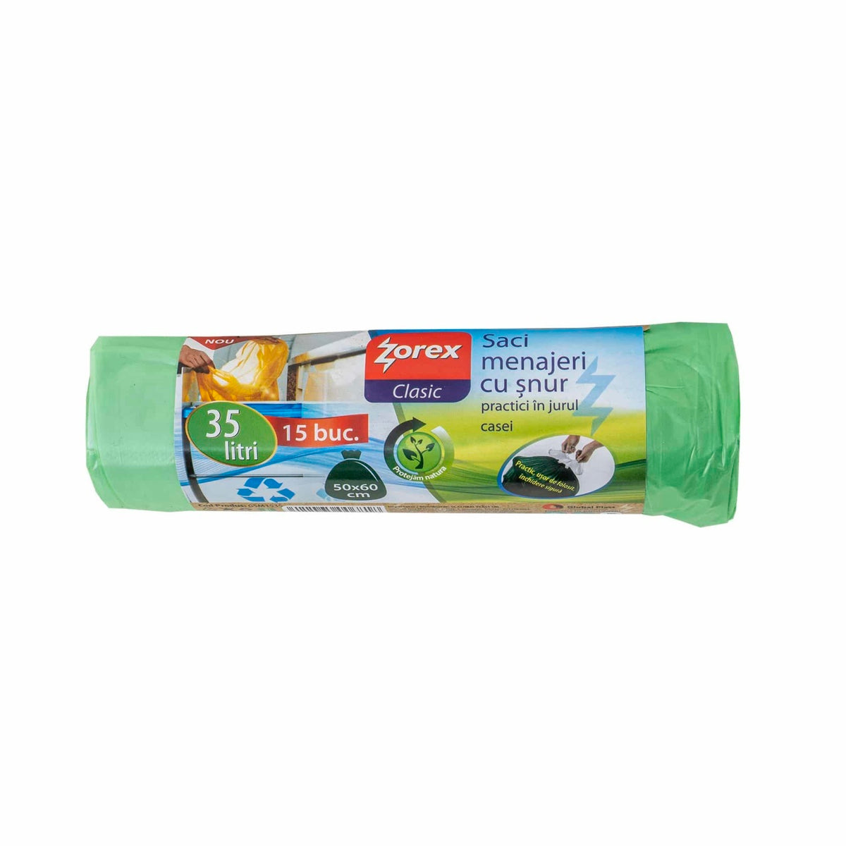 Saci menajeri cu snur, 35L, 15 bucati, verde, 50x60 cm