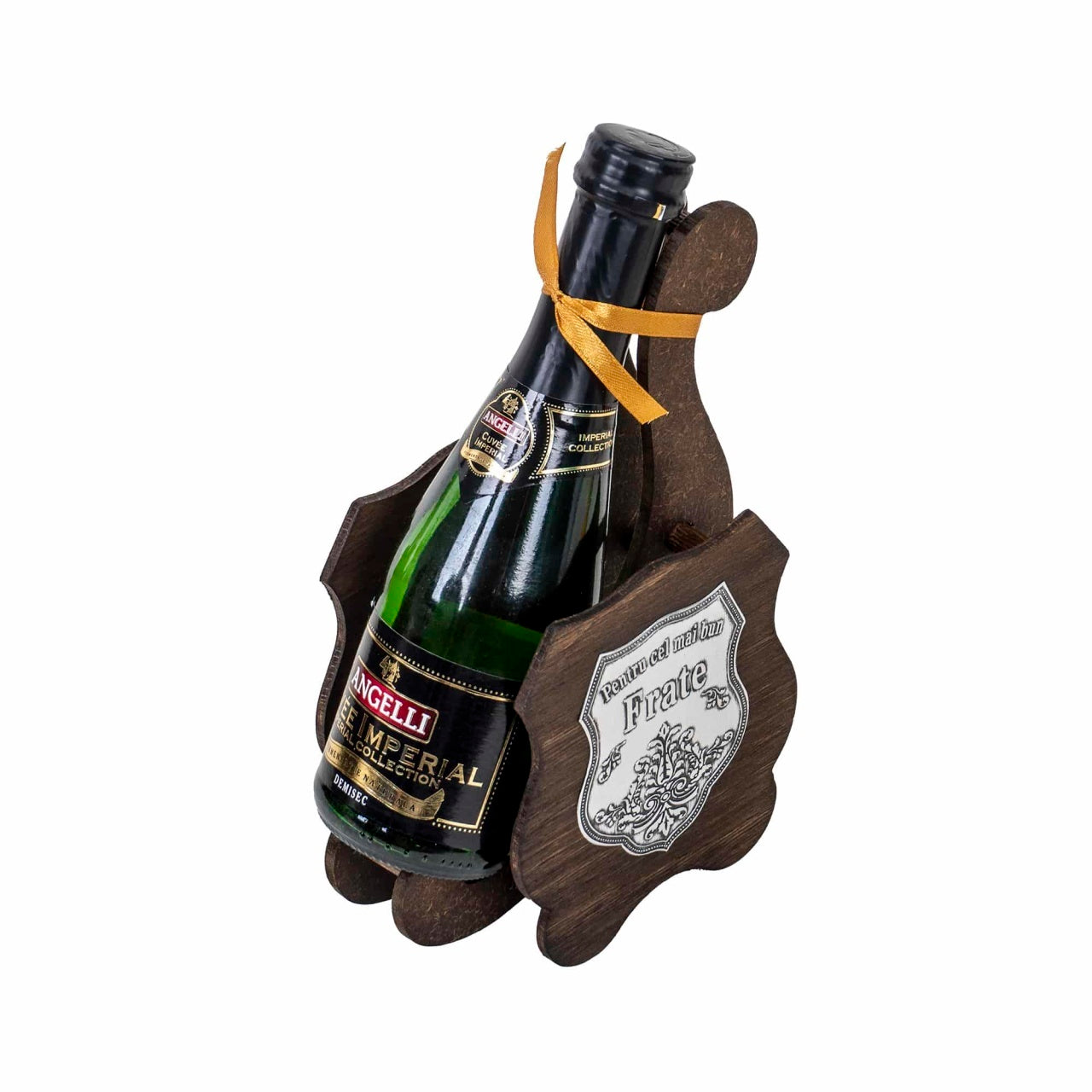 Sampanie demisec Chardonnay 0.2l in suport din lemn, cadou pentru frate