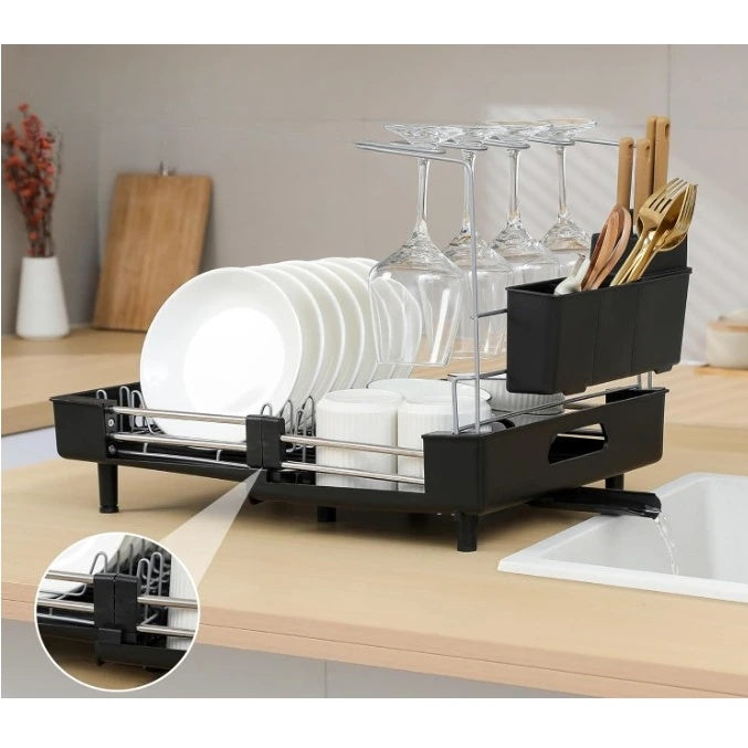 Scurgator vase cu suport pentru pahare, extensibil, cu fanta pentru scurgerea apei, dimensiuni 32-47 x 34 x 38.5 cm, din metal, negru