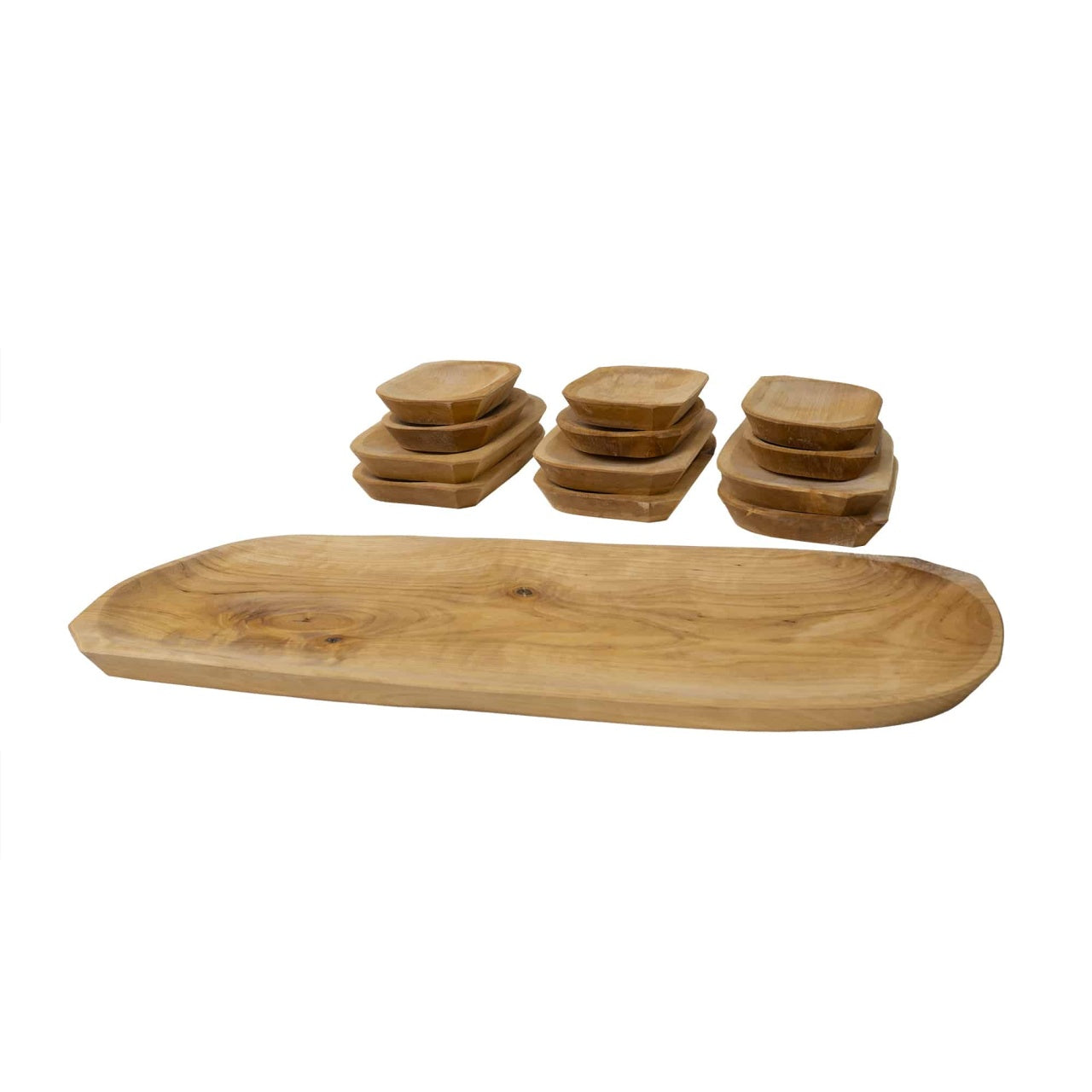 Set 13 platouri din lemn de arin, compartimentate, diferite dimensiuni, maro