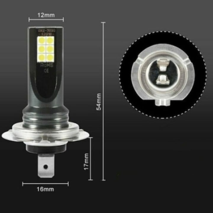 Set 2 becuri auto H7 LED, 12V, 12 SMD, putere 60W, temperatura culoare 6000K, flux luminos 6800lm, Plug and Play, lumina alba