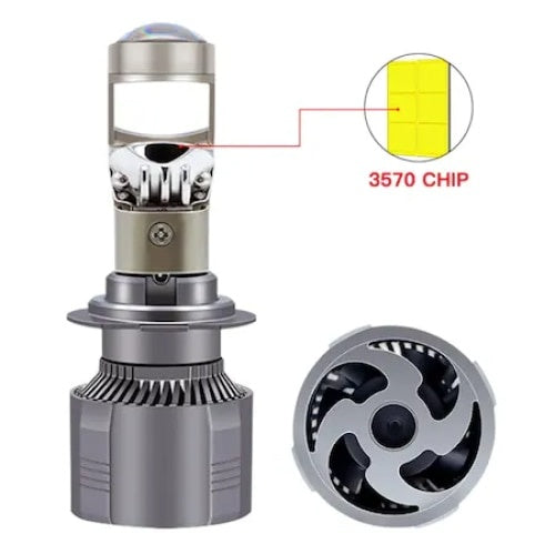 Set 2 becuri LED H7, cu lupa, cu cooler de racire, 220W, tensiunea 12V, dimensiuni 89 x 33 mm, argintiu