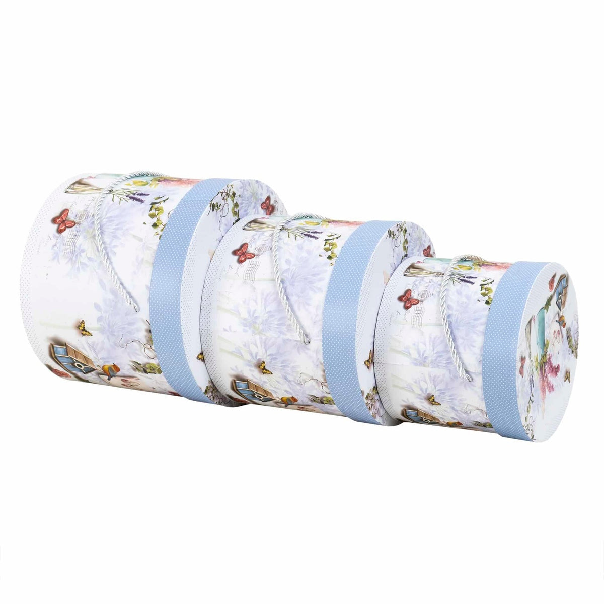 Set 3 cutii cilindrice cu model lavanda, albastru, dimensiuni diferite