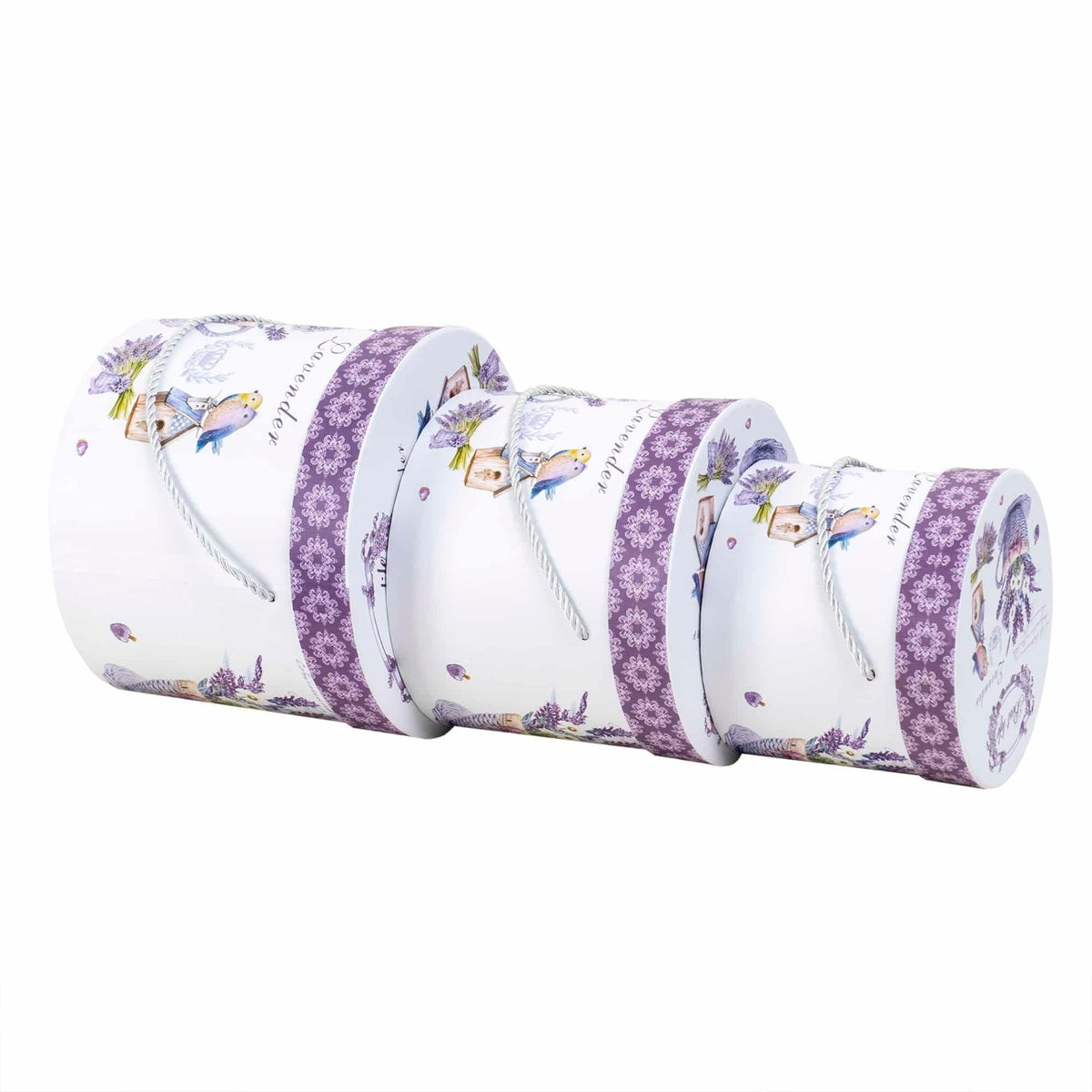 Set 3 cutii cilindrice mov cu model lavanda, diferite dimensiuni