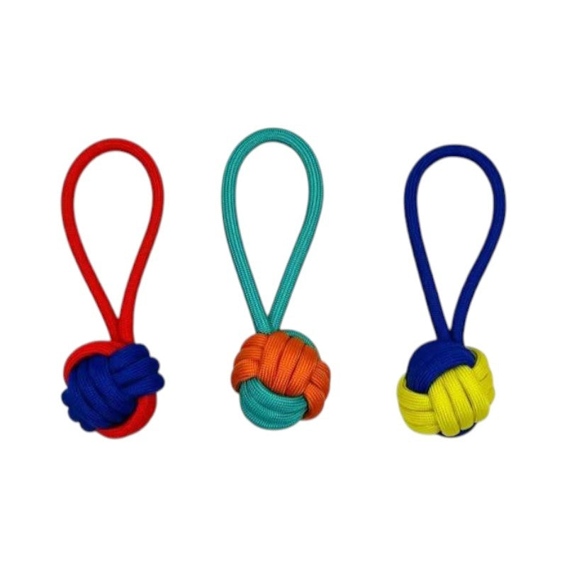 Set 3 jucarii de antrenament pentru caini, cu mingie si funie, multicolore
