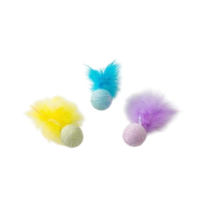 Set 3 jucarii pentru pisici, mingie cu pene, multicolor