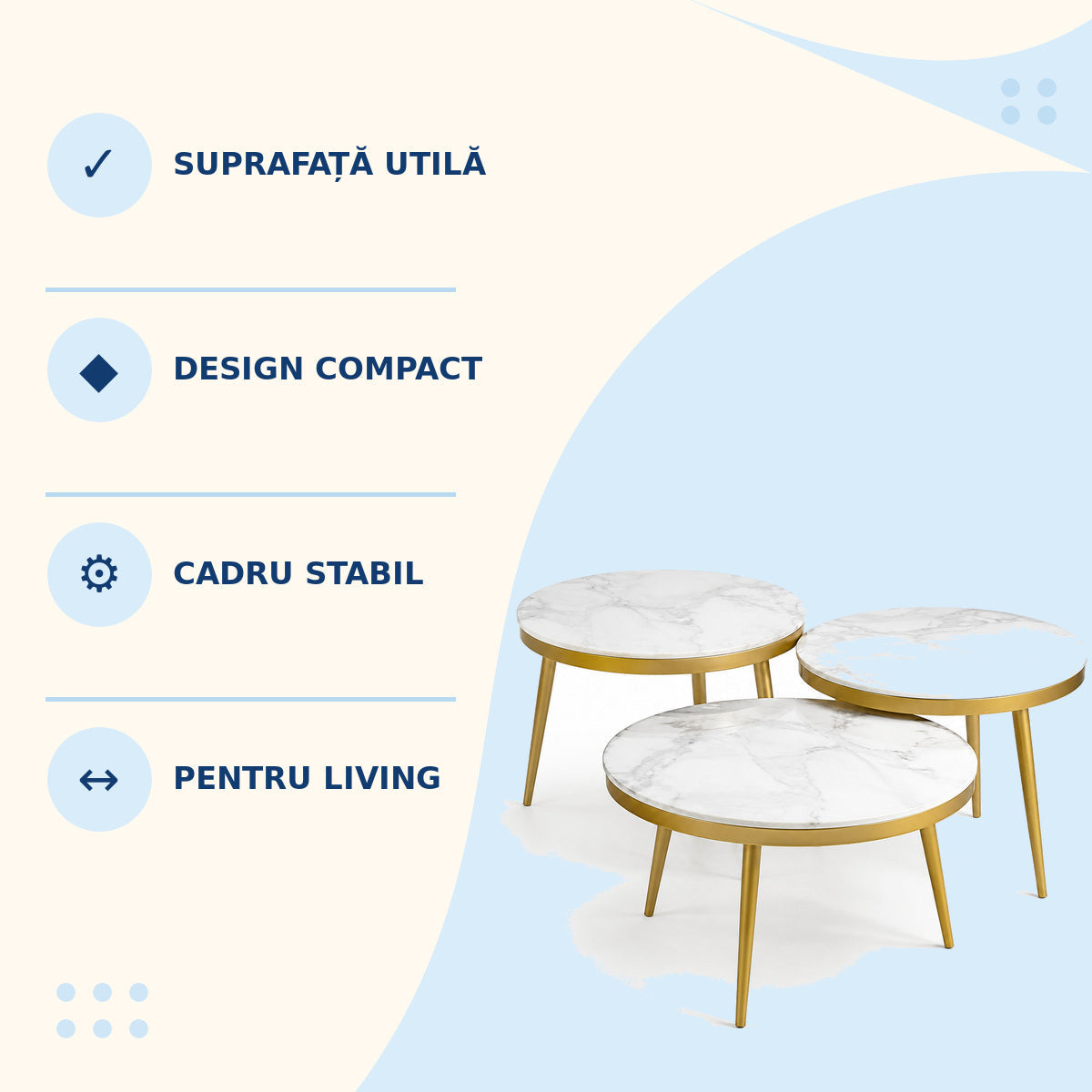 Set 3 Măsuțe de Cafea Rotunde, Blat Aspect Marmură și Cadru Auriu – imagine 3