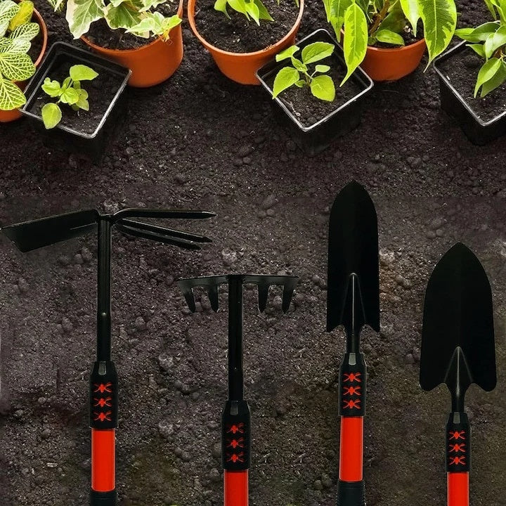 Set 4 unelte de gradina, cu maner extensibil, antialunecare, din metal, usor de manevrat si depozitat, rosu/negru
