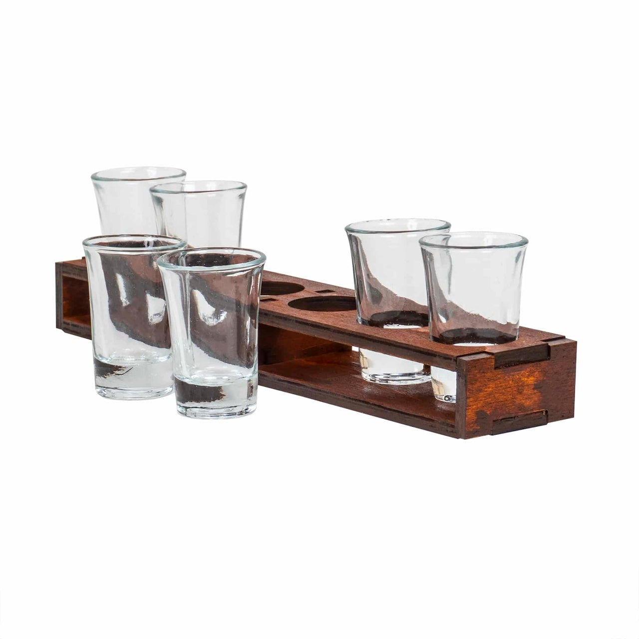 Set 6 pahare shot cu suport din lemn dreptunghiular, capacitate 50 ml