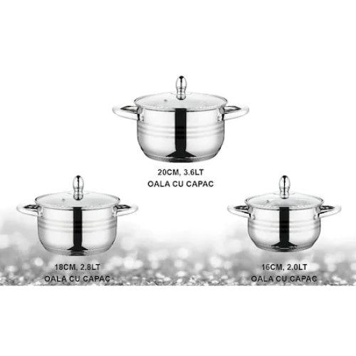 Set 6 piese FOXMAG24, 3 vase din inox, compatibile cu plita cu inductie, cu capace din sticla