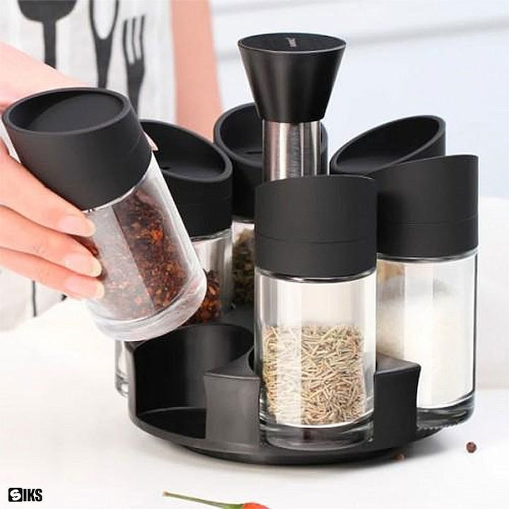 Set 6 recipiente pentru condimente, cu suport rotativ, din ABS, dimensiuni 18x16x12cm, alb/negru