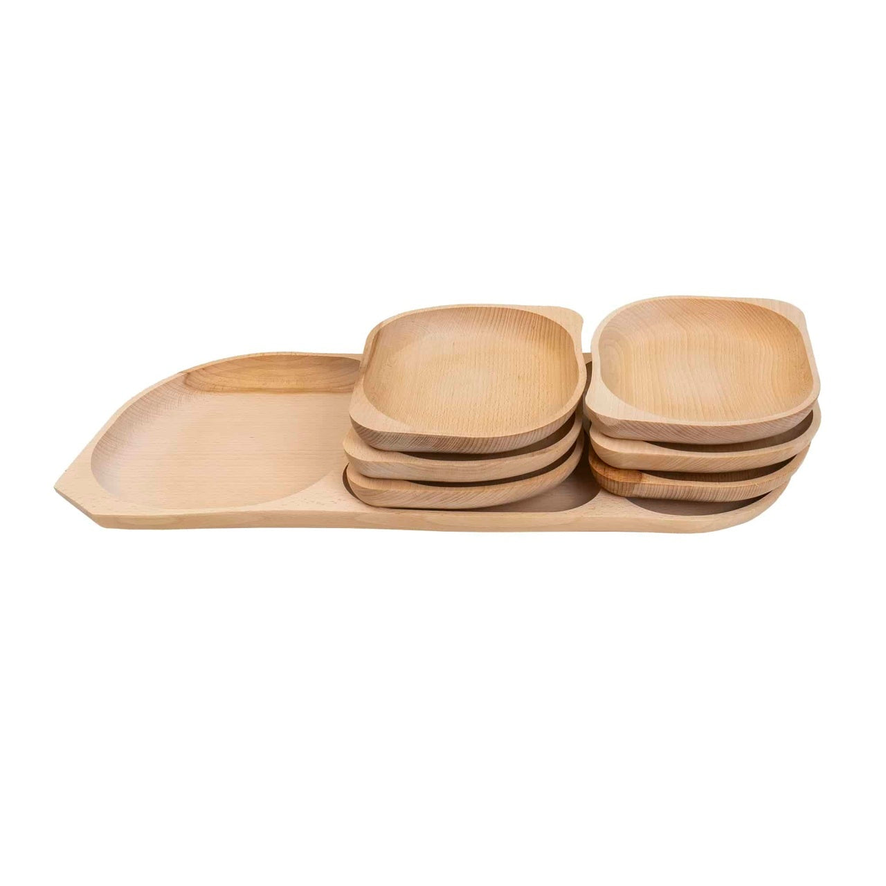 Set 7 platouri ovale din lemn de fag, compartimentate, 64x27x2.5cm