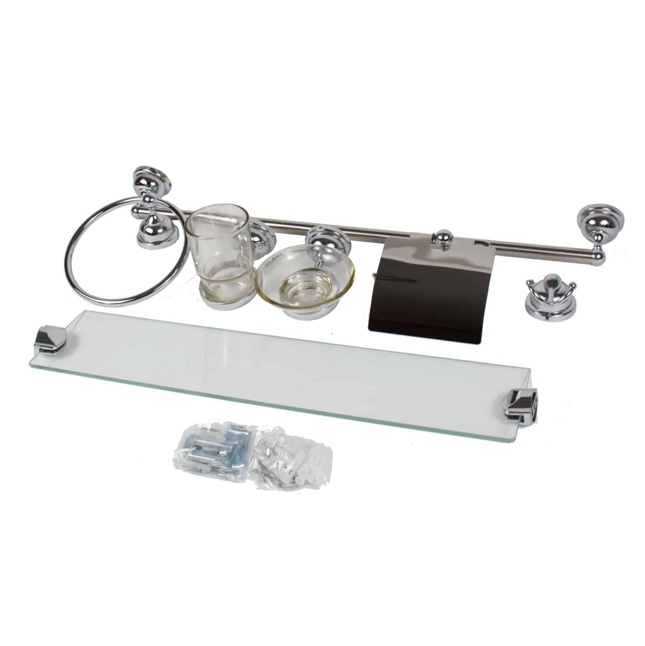 Set accesorii baie 7 piese cu suporti cromati si sticla transparenta