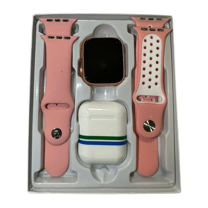 Set casti wireless si ceas smart watch, monitorizare activitati fizice, somn, ritm cardiac, pedometru, player muzica, notificari Apeluri/Sms/Social media, roz