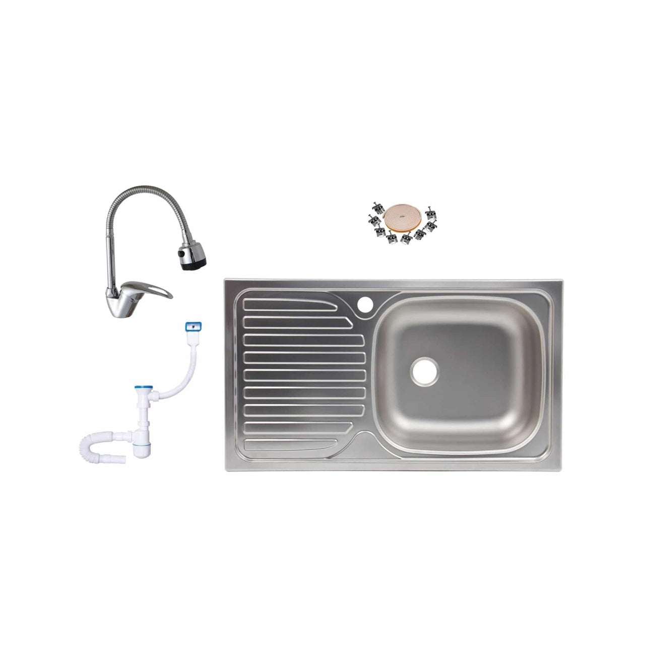 Set chiuveta dreapta 76x43.5 cm inox cu baterie monocomanda si sifon pentru blat