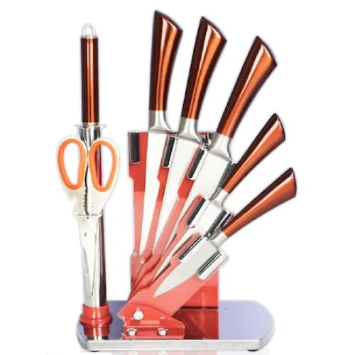 Set cutite cu 8 piese, confectionate din inox, cu manere solide, ergonomice, cu suport de depozitare, foarfeca si pila pentru ascutit