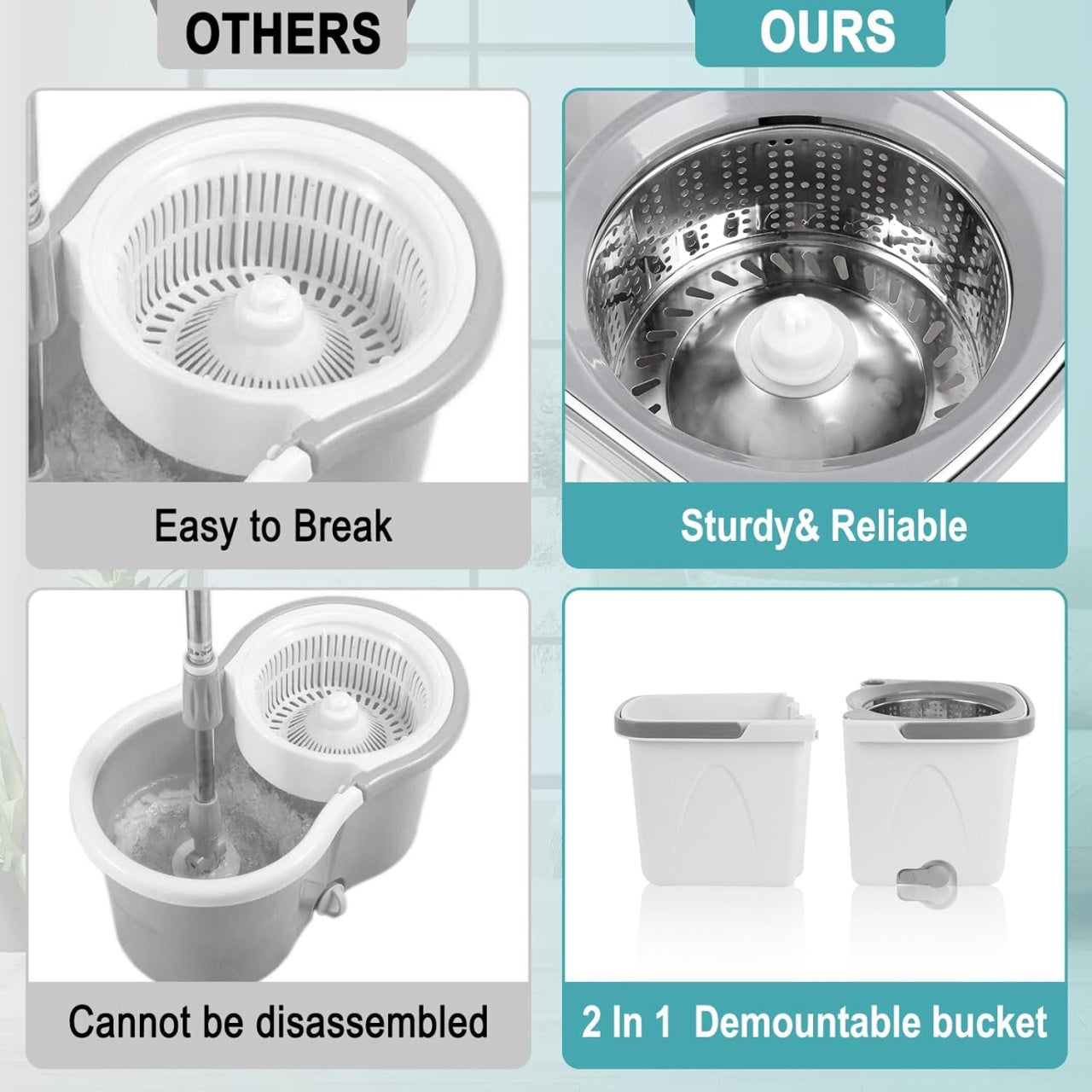 Set de curatenie, galeata cu mop, cuva si tija din inox reglabila pe inaltime, cuva de stoarcere din inox, galeata detasabila, alb