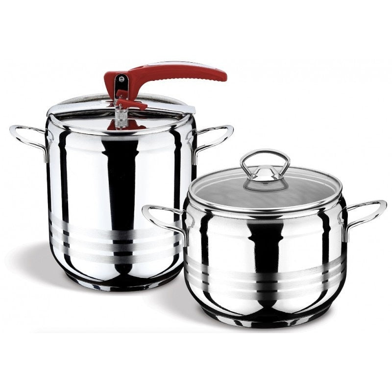 Set de doua oale sub presiune, din otel inoxidabil, capacitate 5L si 7L, baza triplustratificata, prevazute cu capc, argintiu