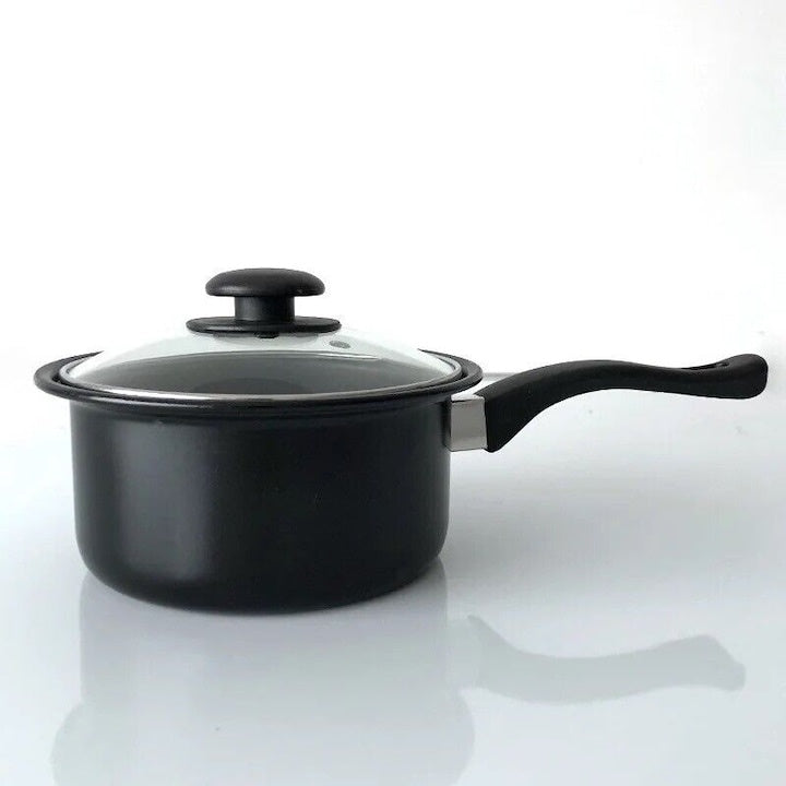 Set de gatit cu 13 piese, oale, cratite, tigaie antiaderenta si ustensile de bucatarie, rezistenta termica ridicata, design ergonomic, negru