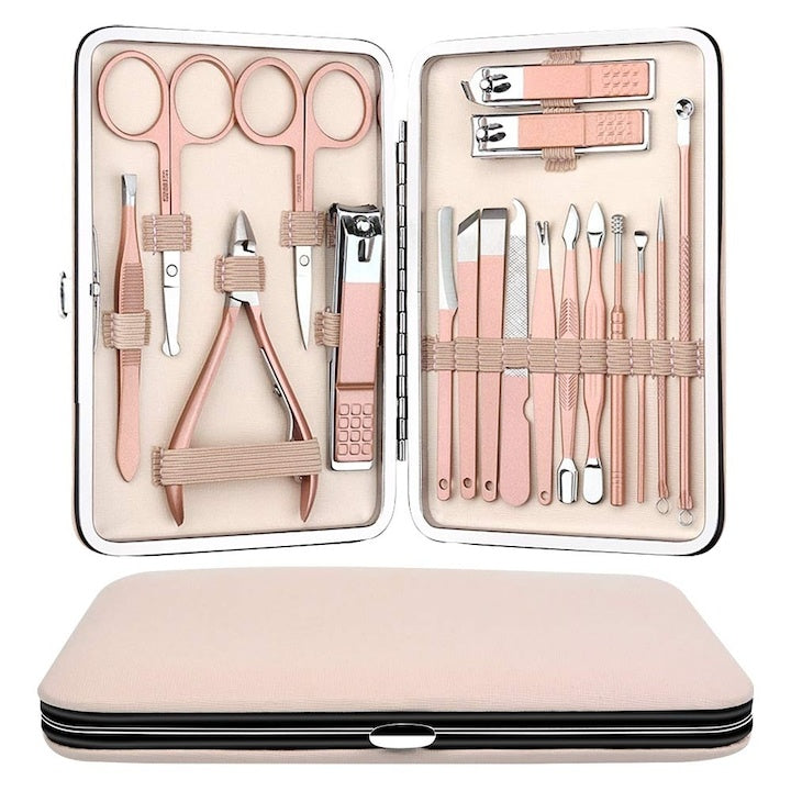 Set de manichiura si pedichiura, cu 18 piese, din otel inoxidabil, etui portabil, roz