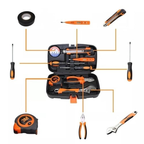Set de scule, cu 8 piese din metal, depozitate in cutie, din plastic dur, rezistenta la socuri, negru