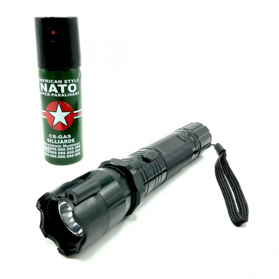 Set Electrosoc cu lanterna si laser pentru autoaparare FOXMAG24® + Spray paralizant NATO 60ml