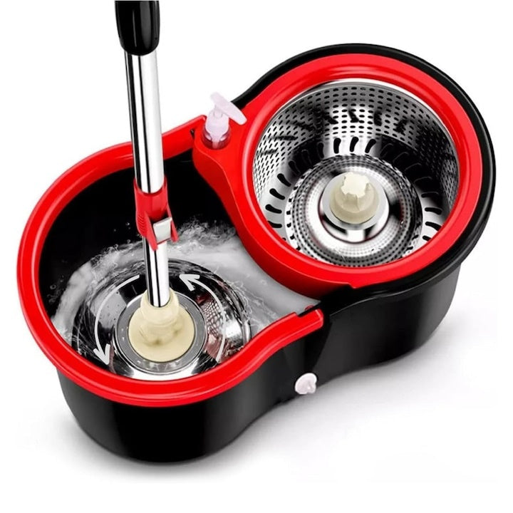 Set mop rotativ si galeata cu sistem de stoarcere, maner reglabil din otel inoxidabil, cu 5 rezerve incluse, rosu/negru