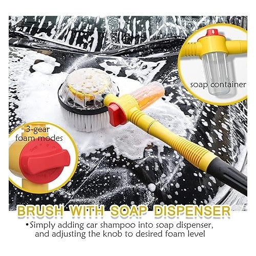 Set perie de spalat auto si accesorii, cu maner telescopic, rotativa 360°, cu recipient pentru detergent, lungime 100 cm, pentru spalare cu inalta presiune, negru/galben