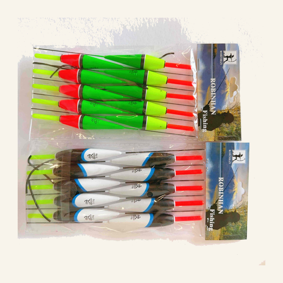Set Plute pentru Pescuit, Verde/Alb, cu Antenă Roșie – imagine de catalog pe fundal alb cald