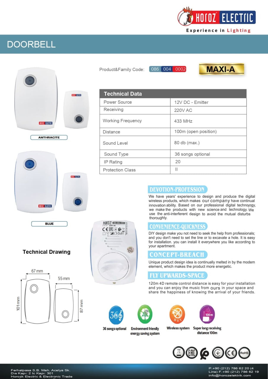 Sonerie wireless 220V, fara fir, 36 tonuri, raza actiune 100m, alb