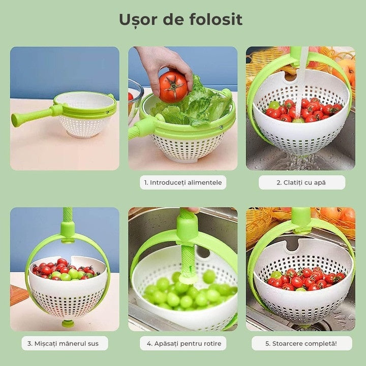Strecuratoare rotativa multifunctionala, pentru uscat salata, cu maner extensibil si sistem de centrifugare, din plastic rezistent, alb/verde