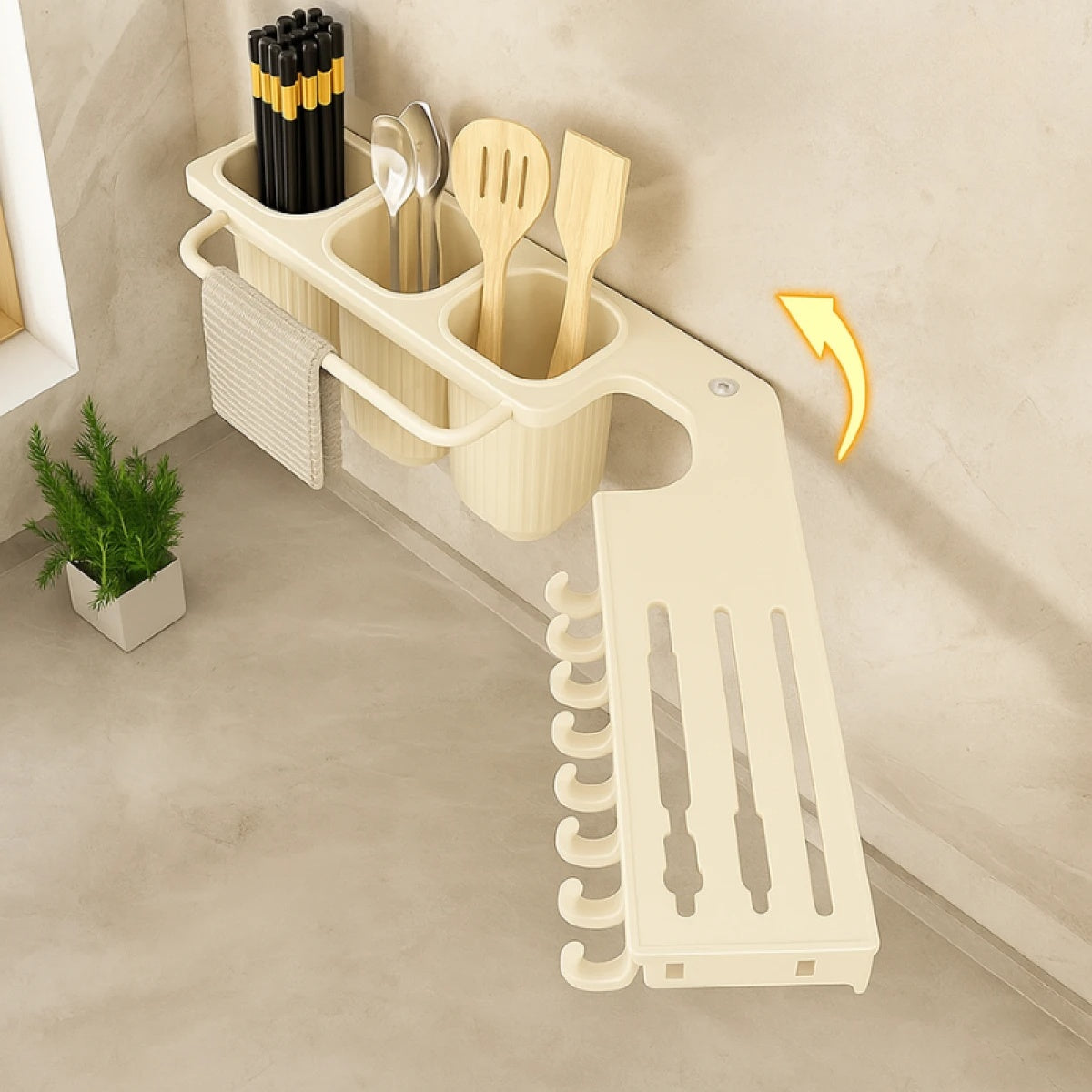 Suport dublu pentru bucatarie din metal, pliabil, 2 moduri de montare, multifunctional, dimensiuni 67 x 9 x 12 cm, bej