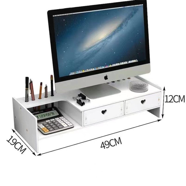 Suport multifuncional pentru monitor, TV, cu 2 sertare, greutate maxima suportata 10kg, din lemn si plastic, alb